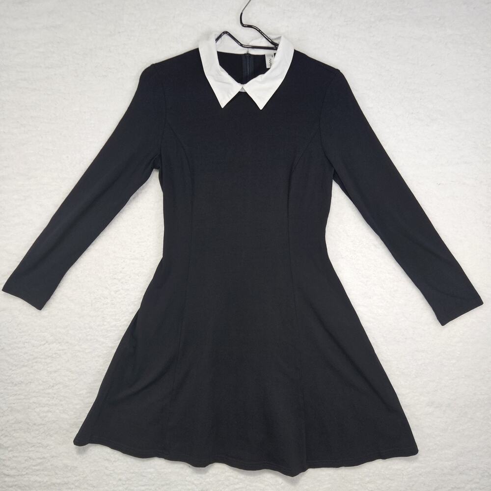 Aphratti Black Pointed Collar Long Sleeve Gothic Knit Babydoll A-line Dress Med